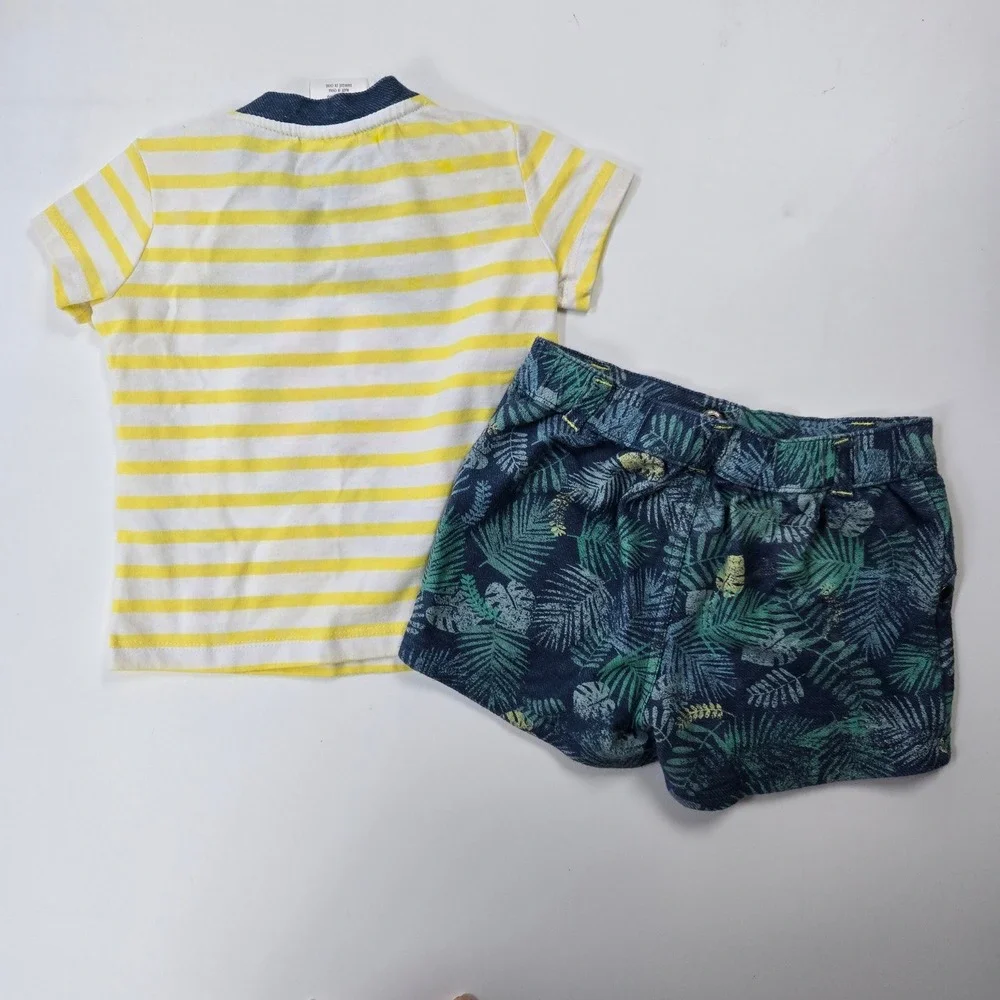 Disney Mickey Mouse Outfit Set Boys 12-18M Yellow Blue Tropical Shorts Summer